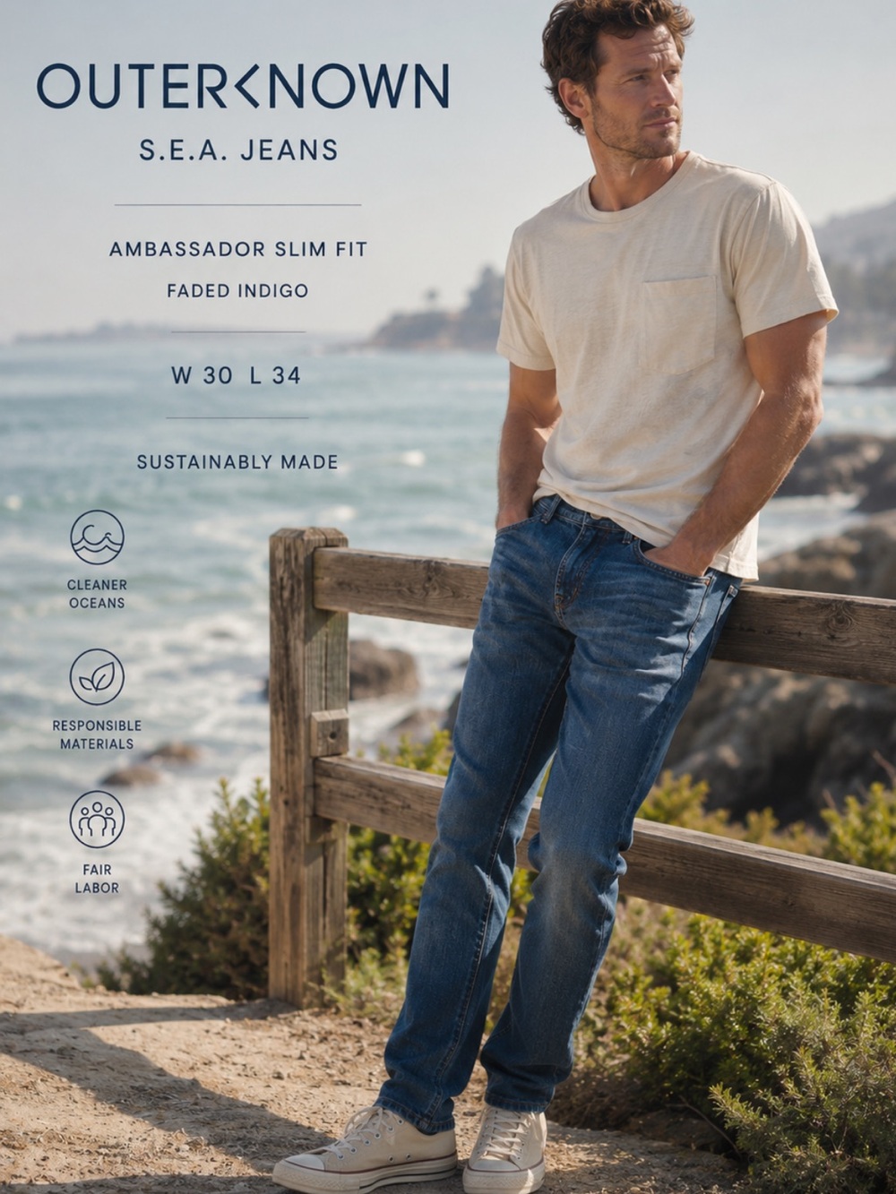 Outerknown S.E.A. Jeans Ambassador Slim Fit Faded Indigo 30x34 NWT